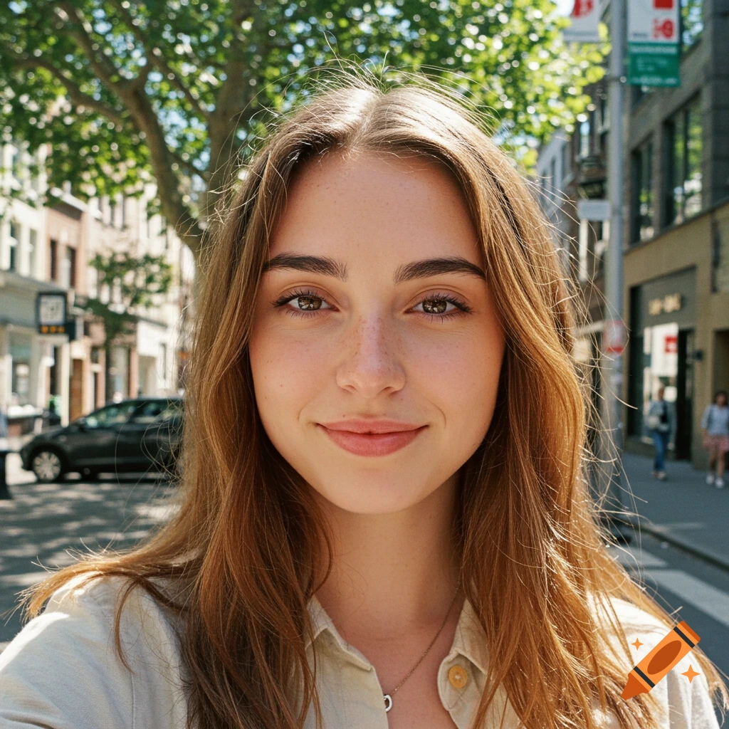 A young woman with long brown hair smiles at the camera on a sunny street.