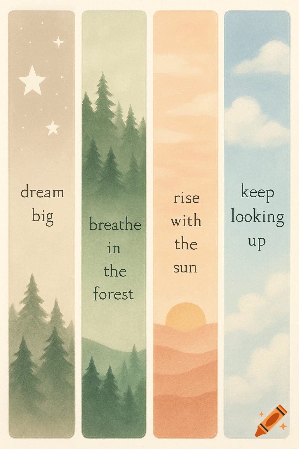 Four aesthetic bookmarks with nature scenes and inspiring quotes.