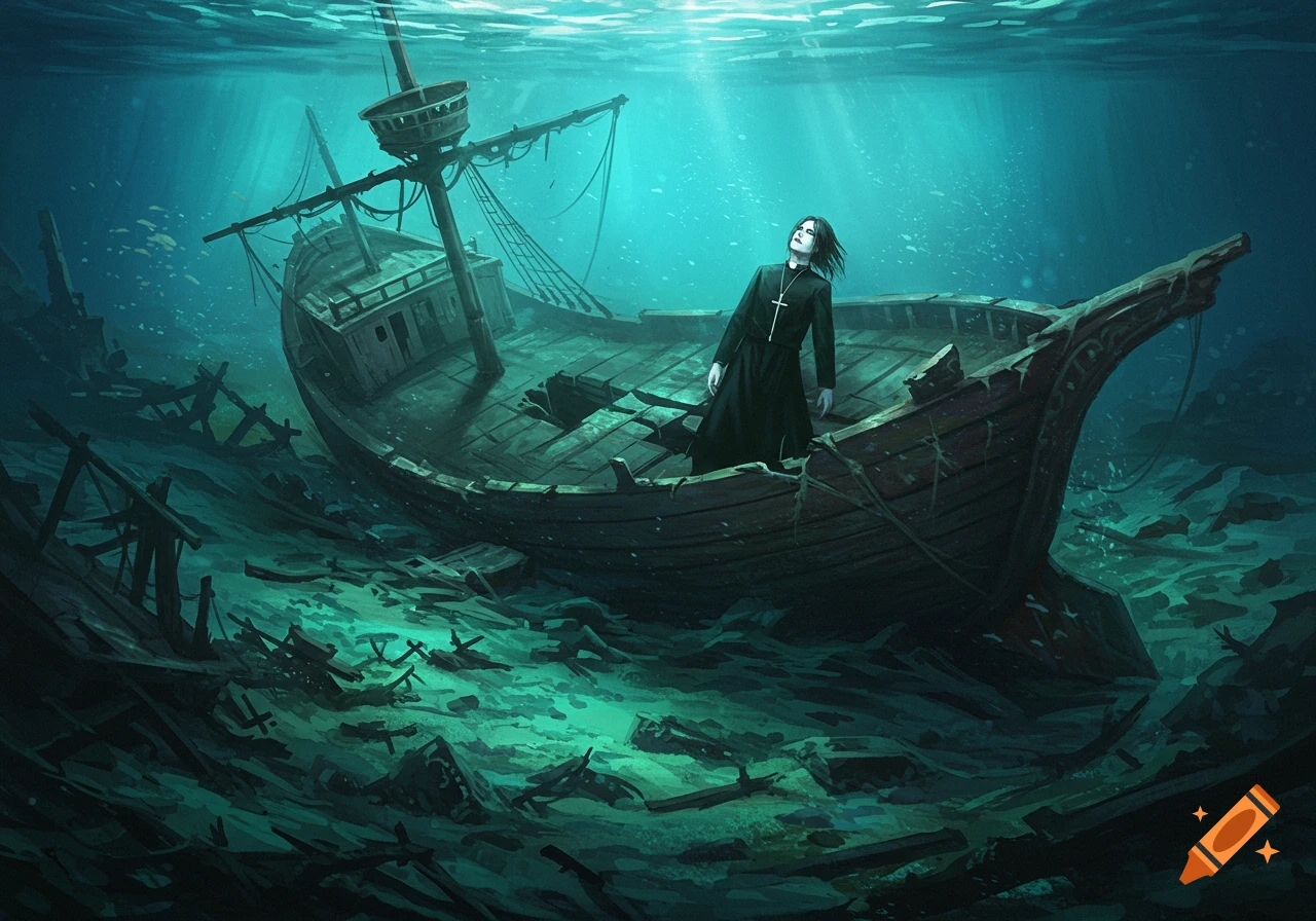 Figure in black cassock on a sunken ship underwater, dramatic illustration.