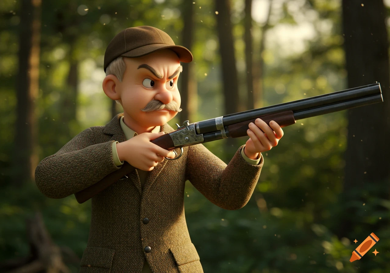 Cartoon character holding a shotgun in a forest