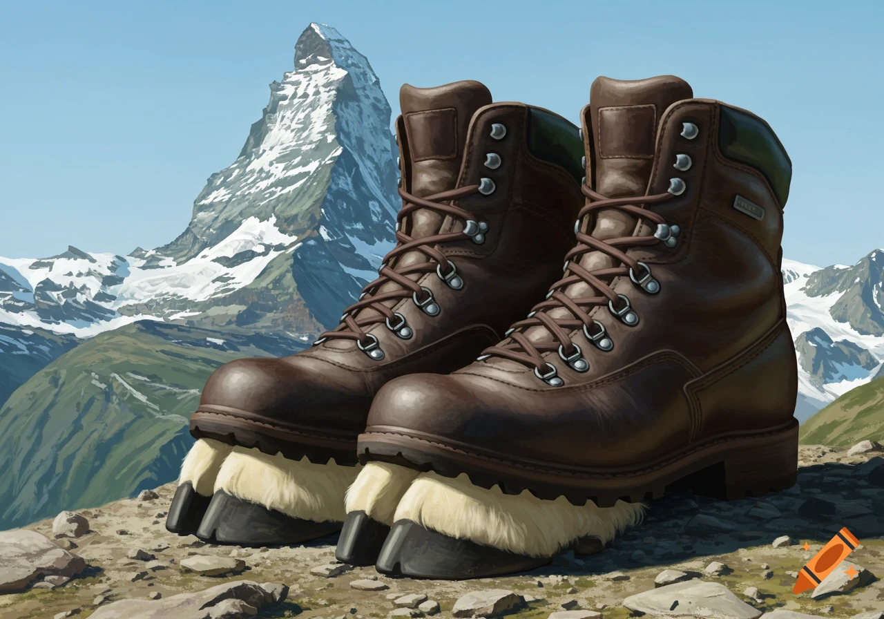 Hiking boots with goat hooves standing on rocky mountain ground.
