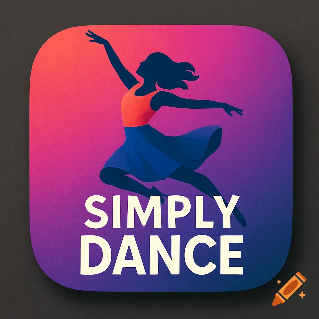 Illustration of a dancer silhouette leaping on a pink and purple gradient background with the text 'SIMPLY DANCE' below.