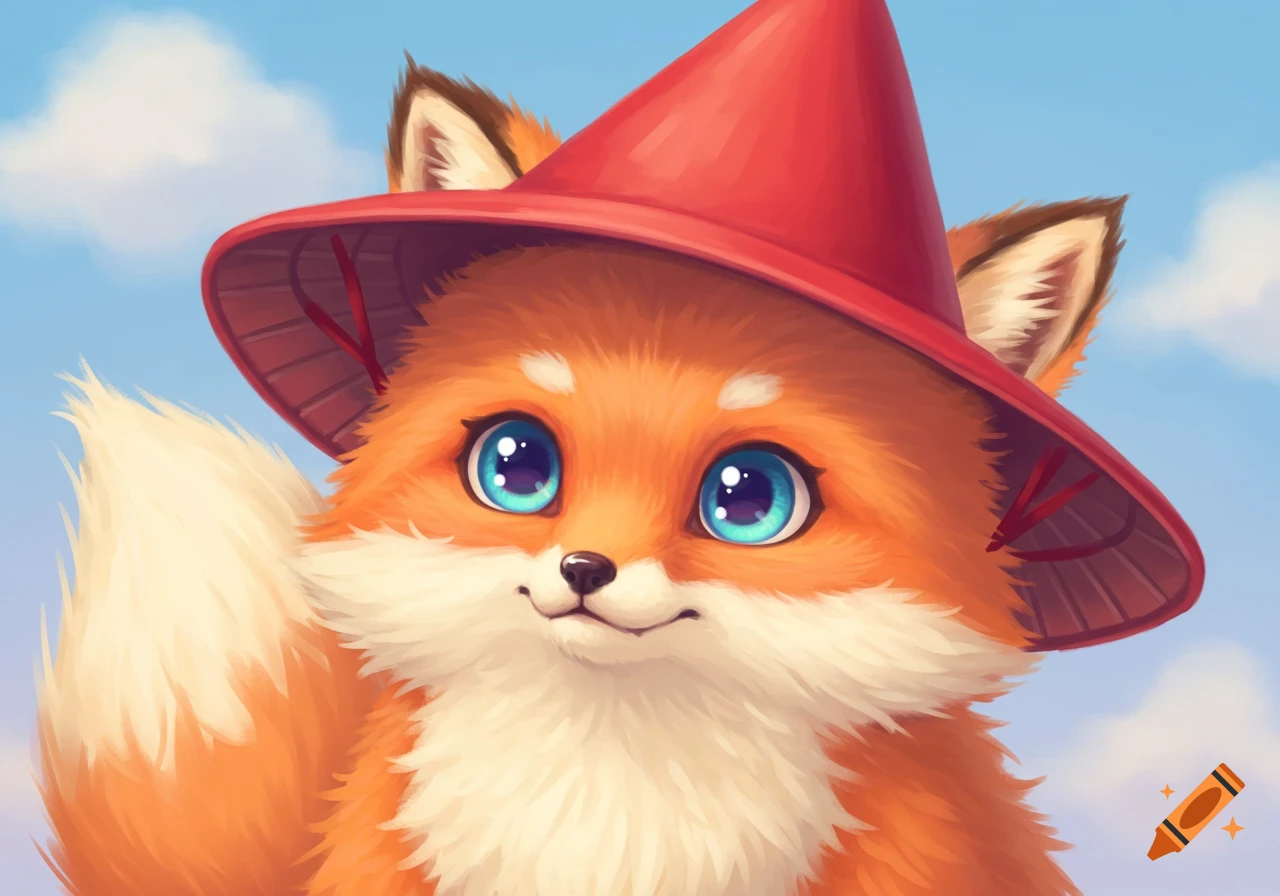 Cute fox wearing a red conical hat
