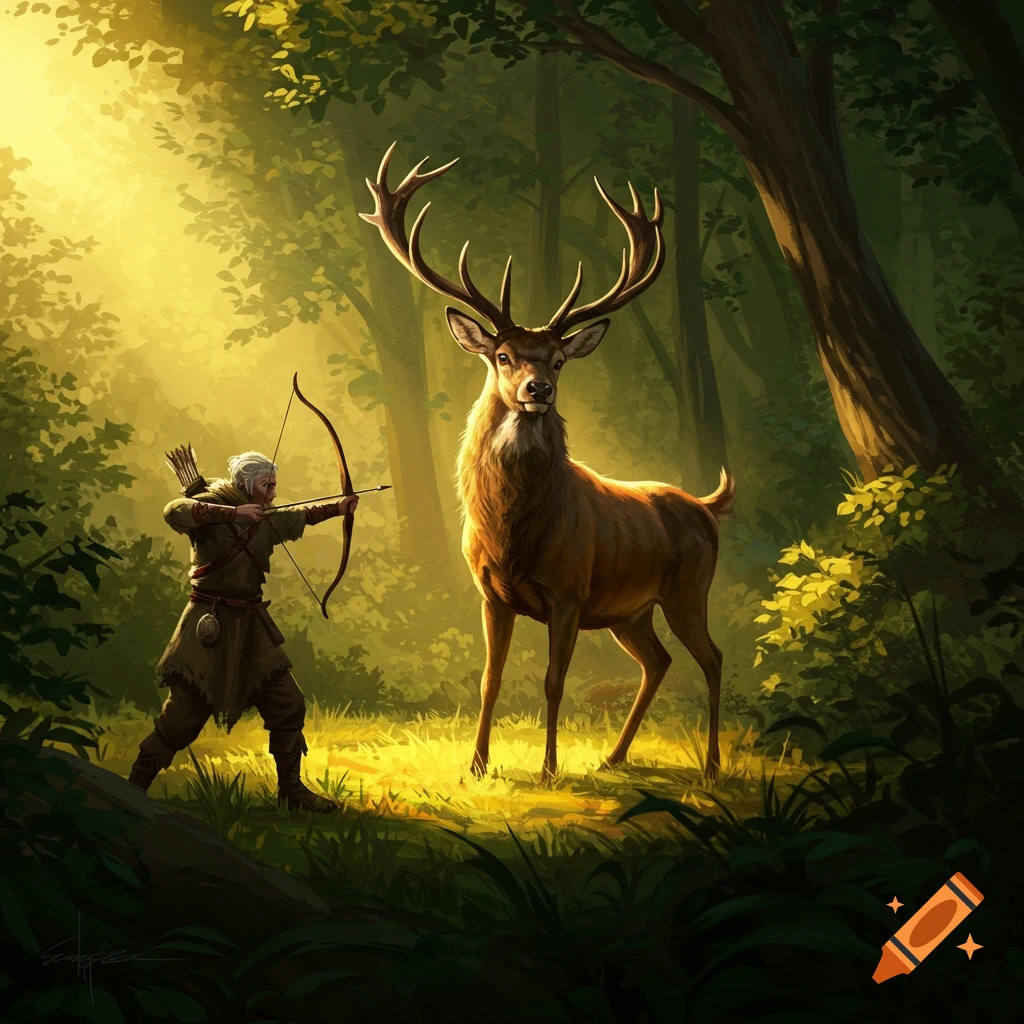 A fantasy scene of an archer aiming a bow at a large deer in a sunlit forest clearing.