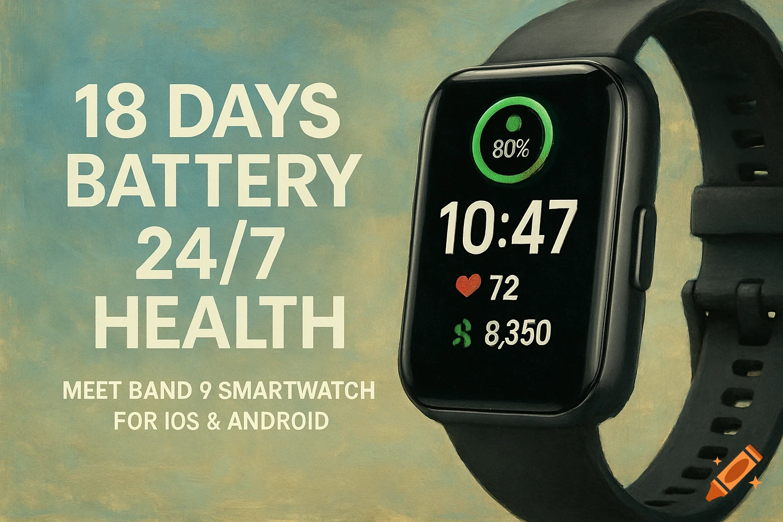 Smartwatch on wrist with text '18 Days battery. 24/7 Health. Meet Band 9 Smartwatch for iOS & Android'.