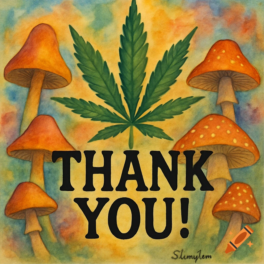 Illustration of a cannabis leaf and mushrooms with the words 'THANK YOU!' in the center.
