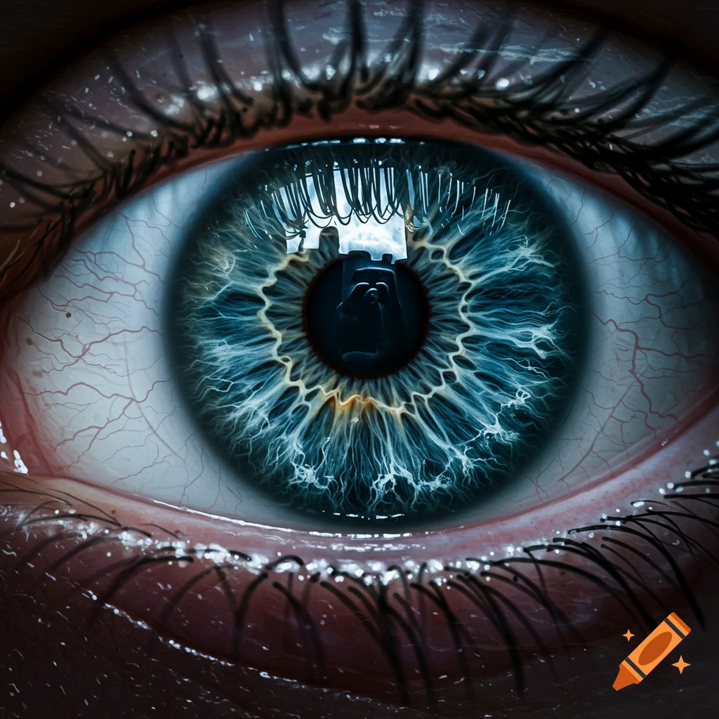 Close-up of a hyper-realistic blue eye with iris appearing as stormy waves and a reflection of a person in the pupil.