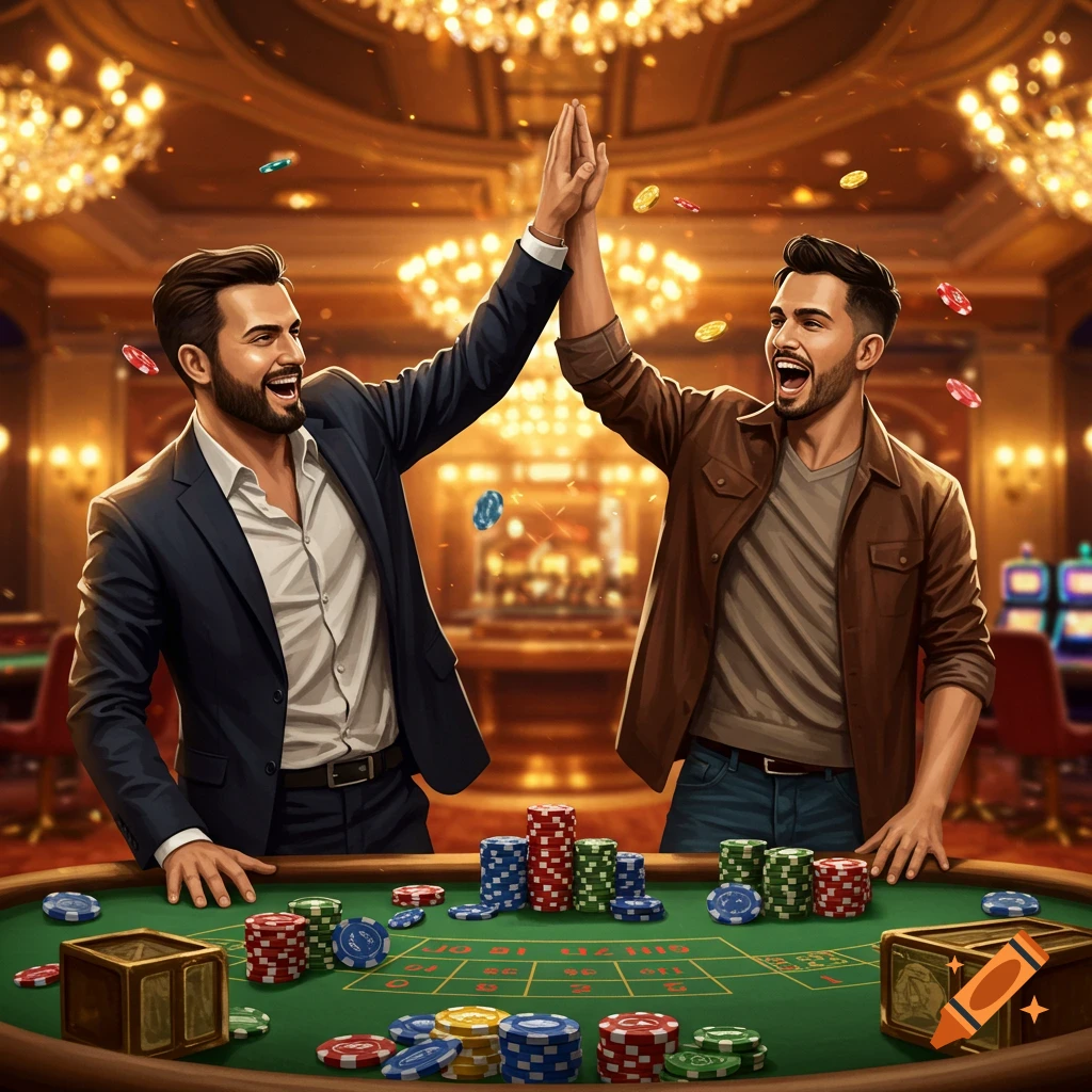 Two men high-five over a casino table piled with chips, celebrating a win in a luxurious casino.