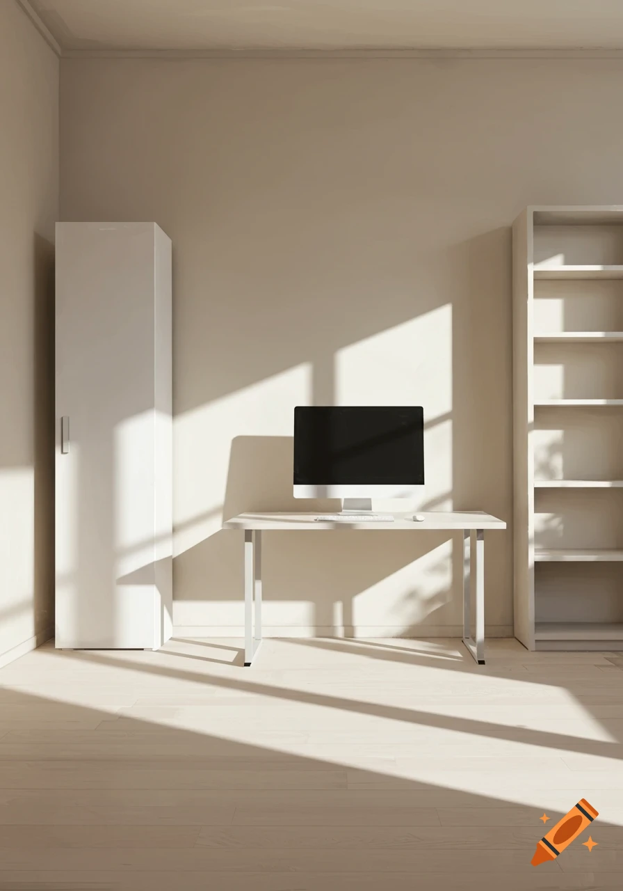 Empty room with a desk, computer, cabinet, and bookshelf bathed in sunlight