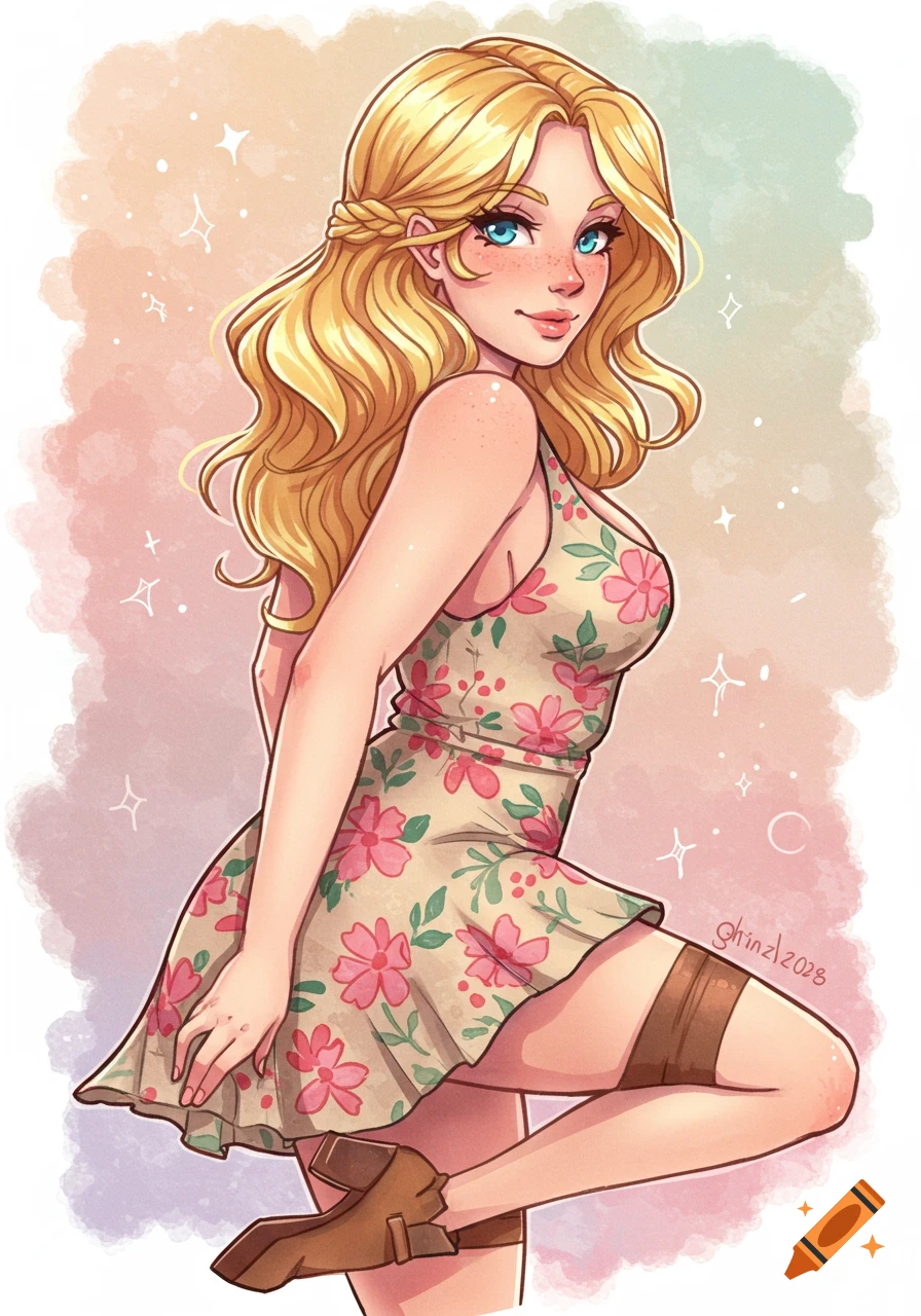 A watercolor illustration of a blonde woman in a floral dress posing in a pinup style.