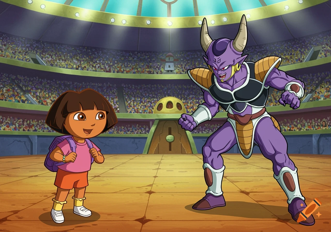 Dora the Explorer stands next to a purple Dragon Ball Z character in a large arena, cartoon style.