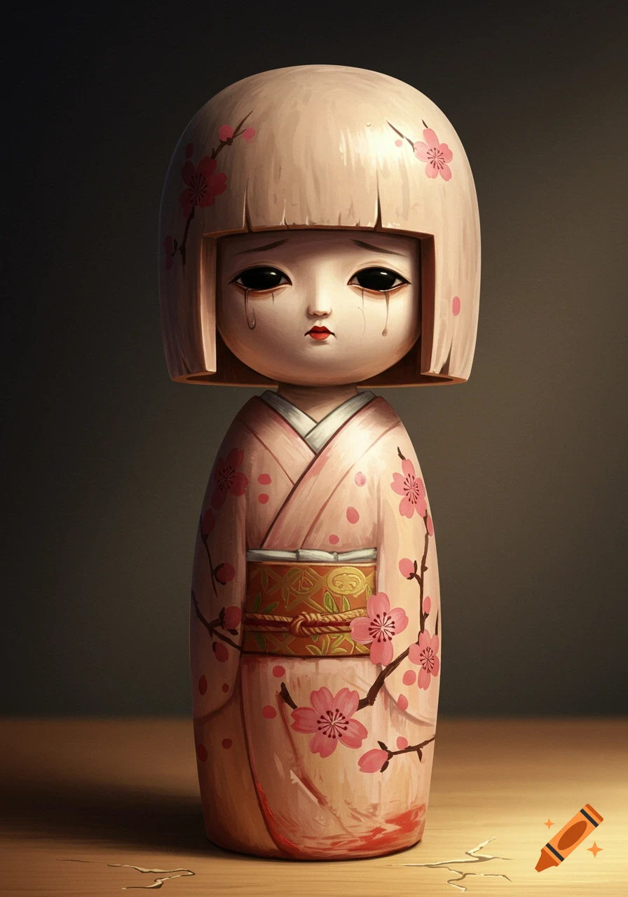 A melancholic Kokeshi doll with cherry blossoms on its kimono and hair, tears on its face, in a dim setting.