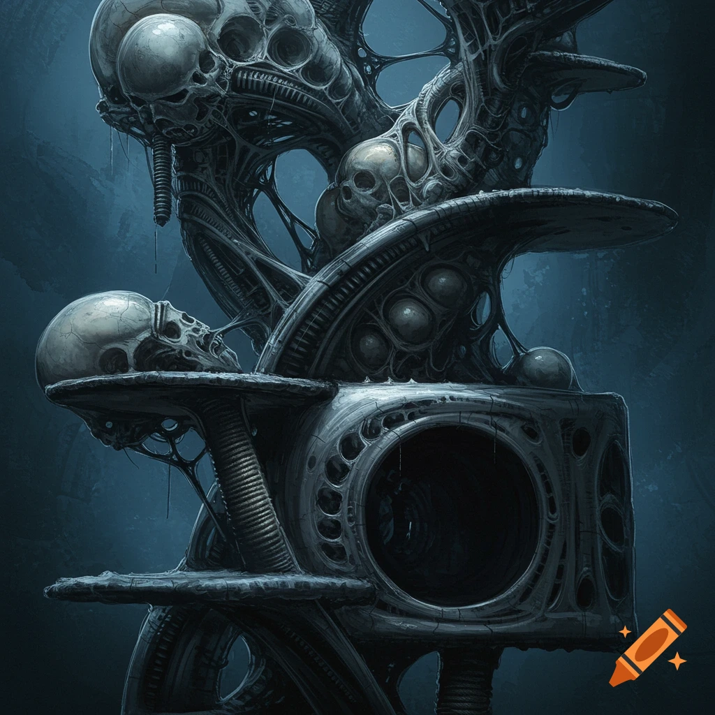 A dark, surreal biomechanical sculpture featuring skulls and tubes in the style of H.R. Giger.