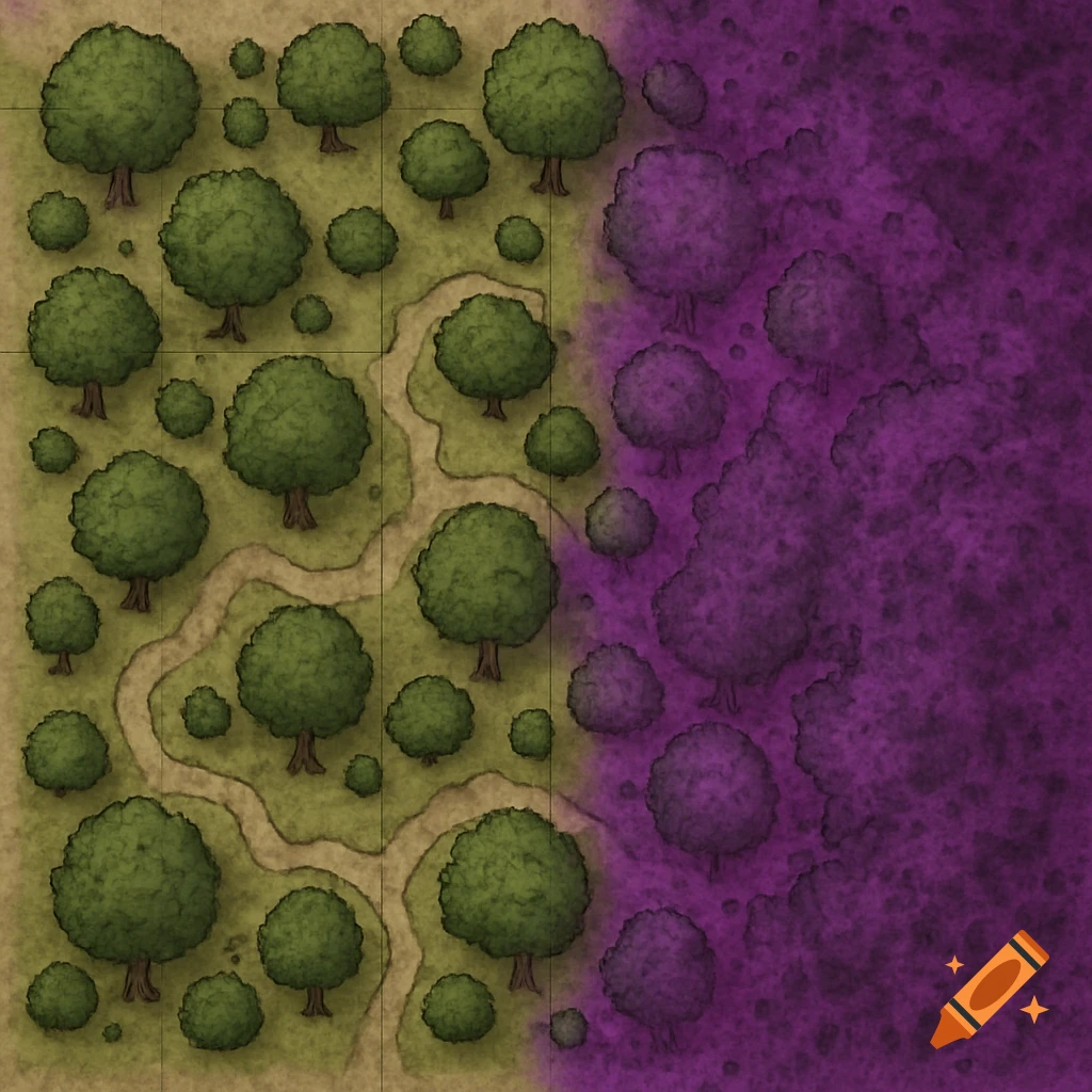 A top-down fantasy map of a forest. One side is green and natural with a path, the other is overtaken by purple corruption.
