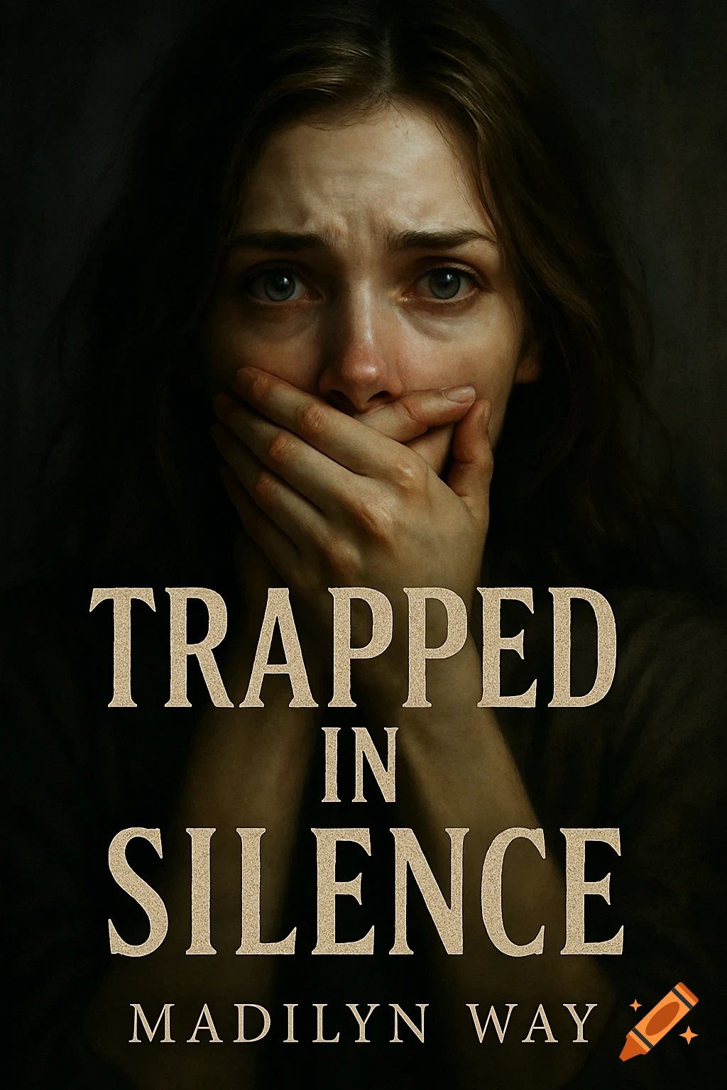 Close up portrait of a distressed woman covering her mouth with her hands, text overlaid.