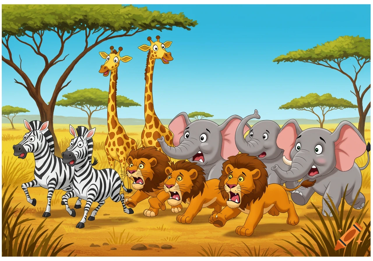 Cartoon of scared lions, zebras, elephants, and giraffes running on the savanna.