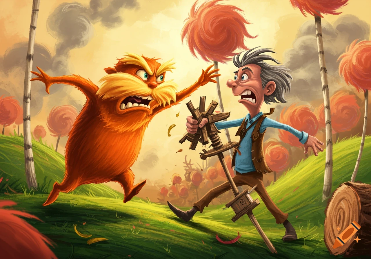 The Lorax confronts the Once-ler in a stylized illustration.