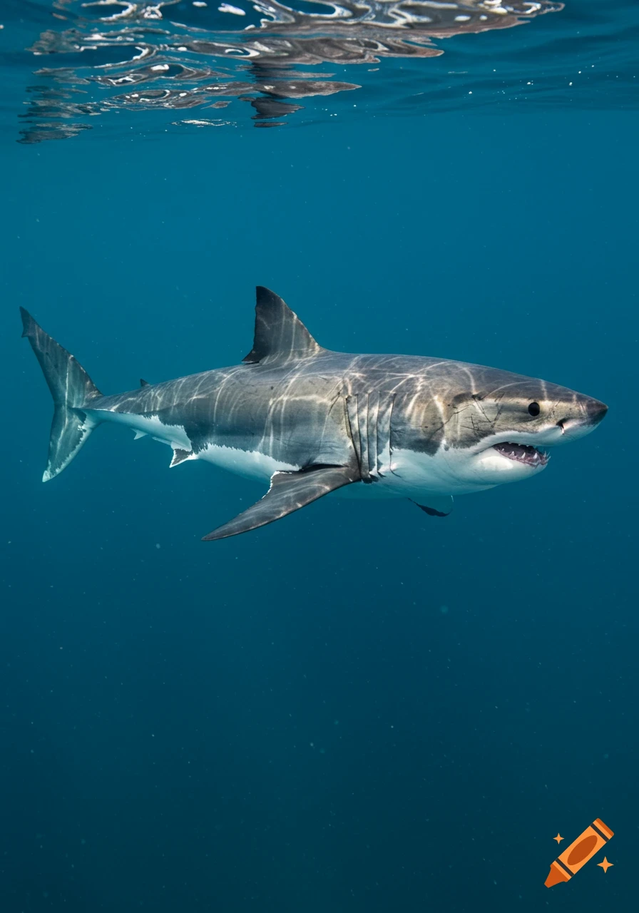 A great white shark swims underwater near the surface, with light dappling its back.