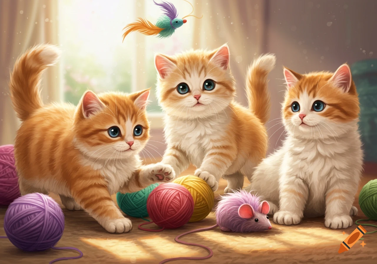 Three fluffy kittens play with colorful yarn balls and a mouse toy.