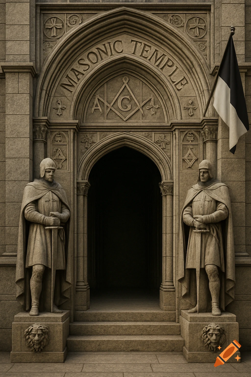 A stone entrance to a Masonic Temple with carved text and symbols, flanked by two knight statues and a black and white flag.