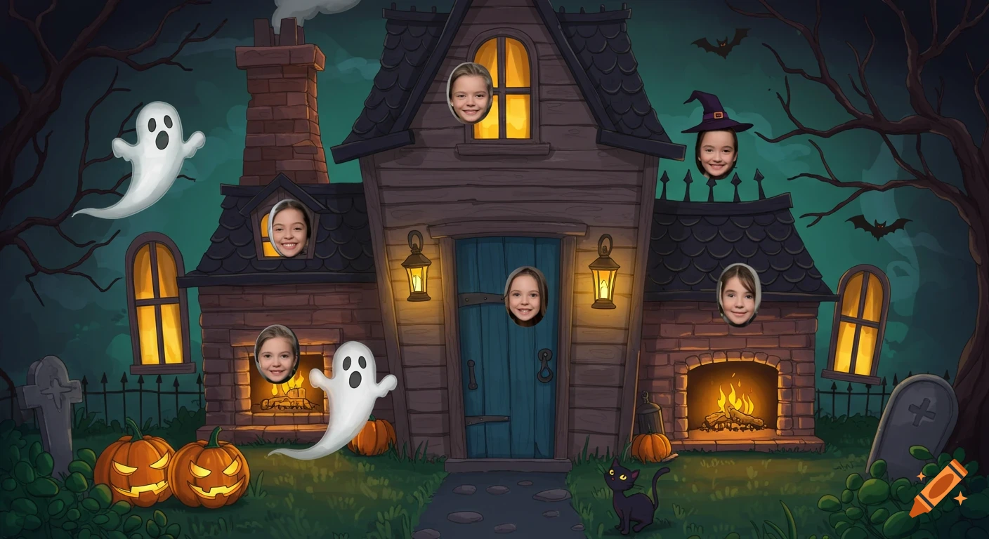 Cartoon illustration of a haunted house at night with ghosts, pumpkins, and faces in cutouts.