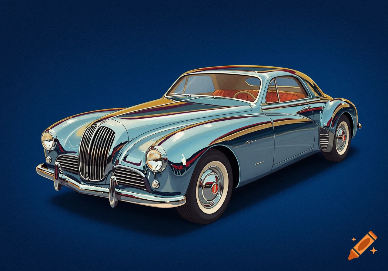 A vintage art deco style car on a blue background