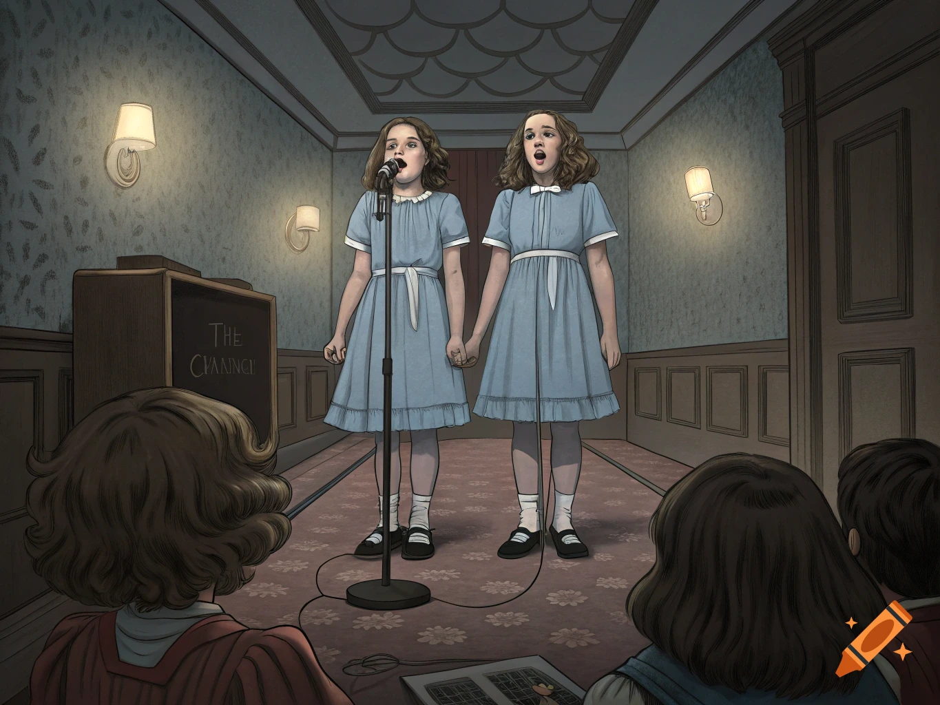 Two twin girls in blue dresses sing into a microphone in a hallway.