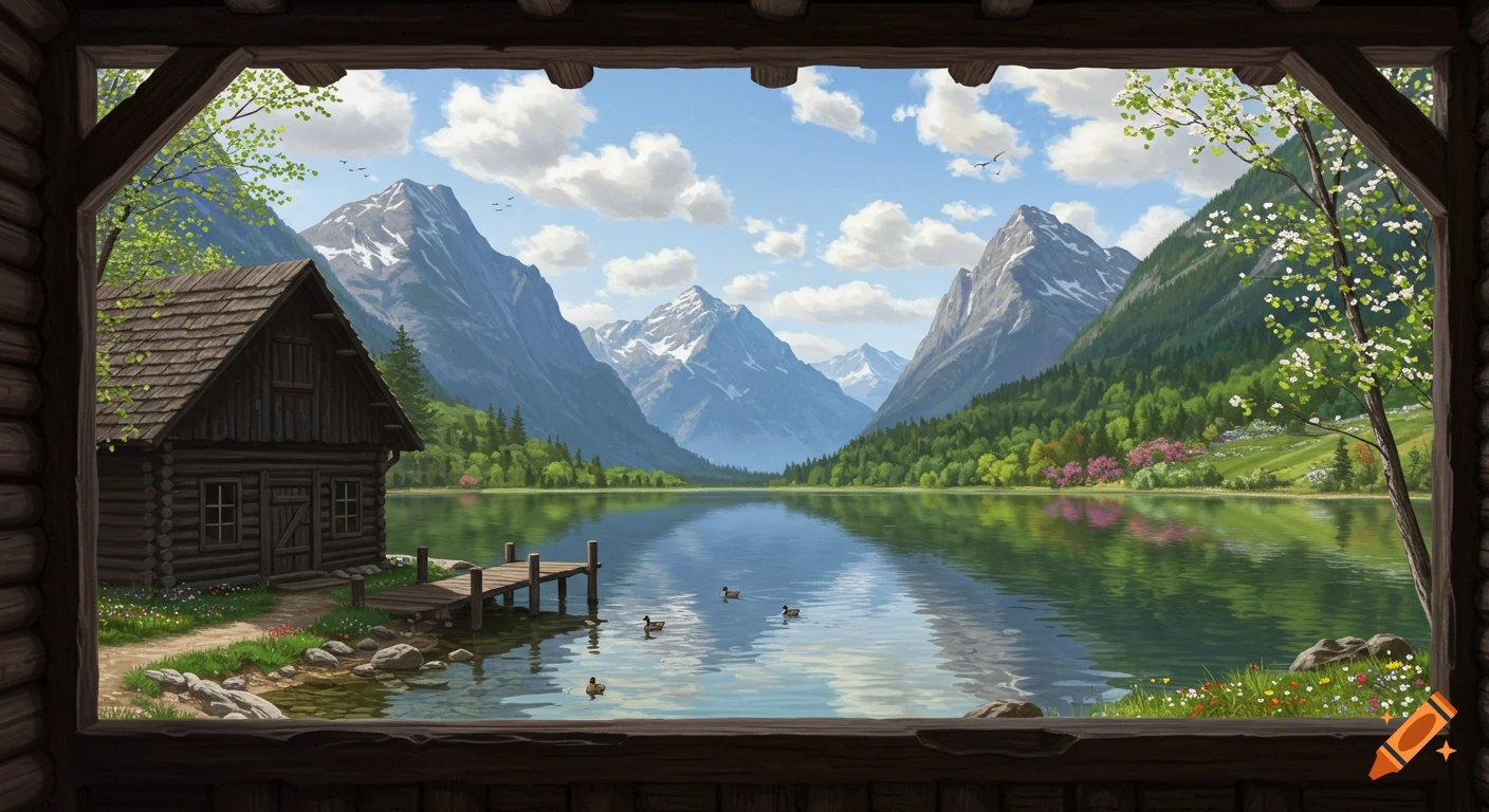 View from a cabin window of a lake surrounded by mountains and forests during spring, with a small cabin and dock on the shore.