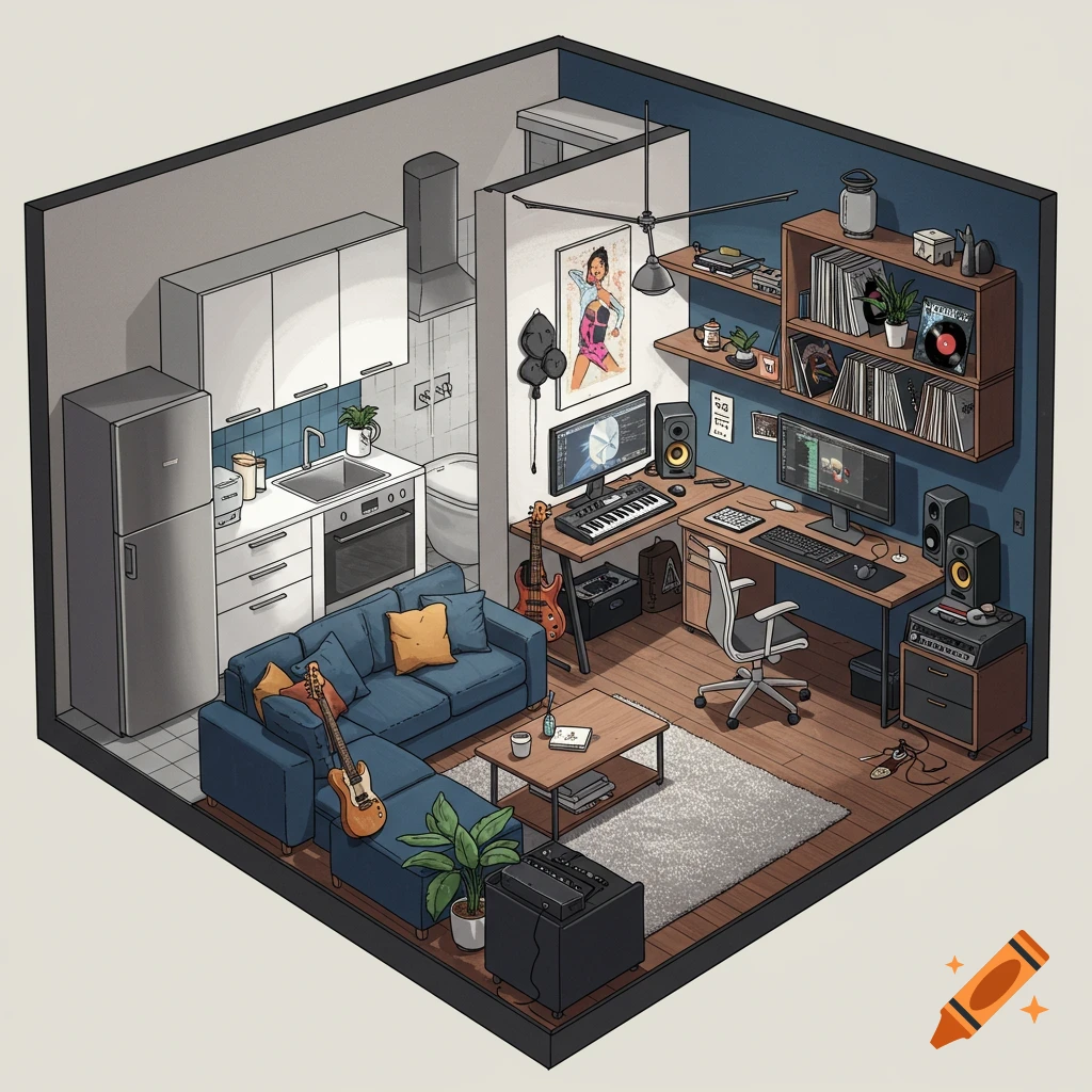 Isometric drawing of a combined living area, workspace, music studio, and kitchen.