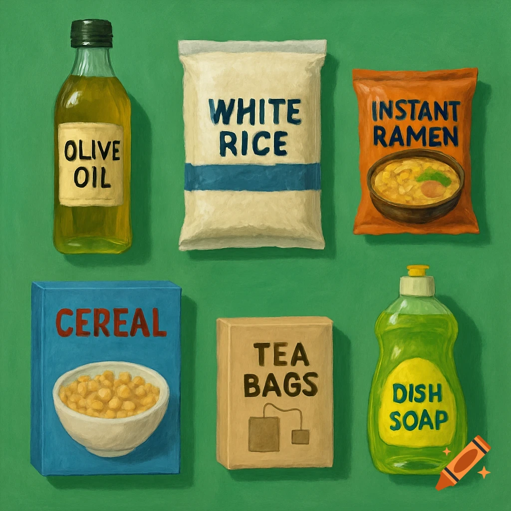 A still life painting of olive oil, white rice, instant ramen, cereal, tea bags, and dish soap on a green background.