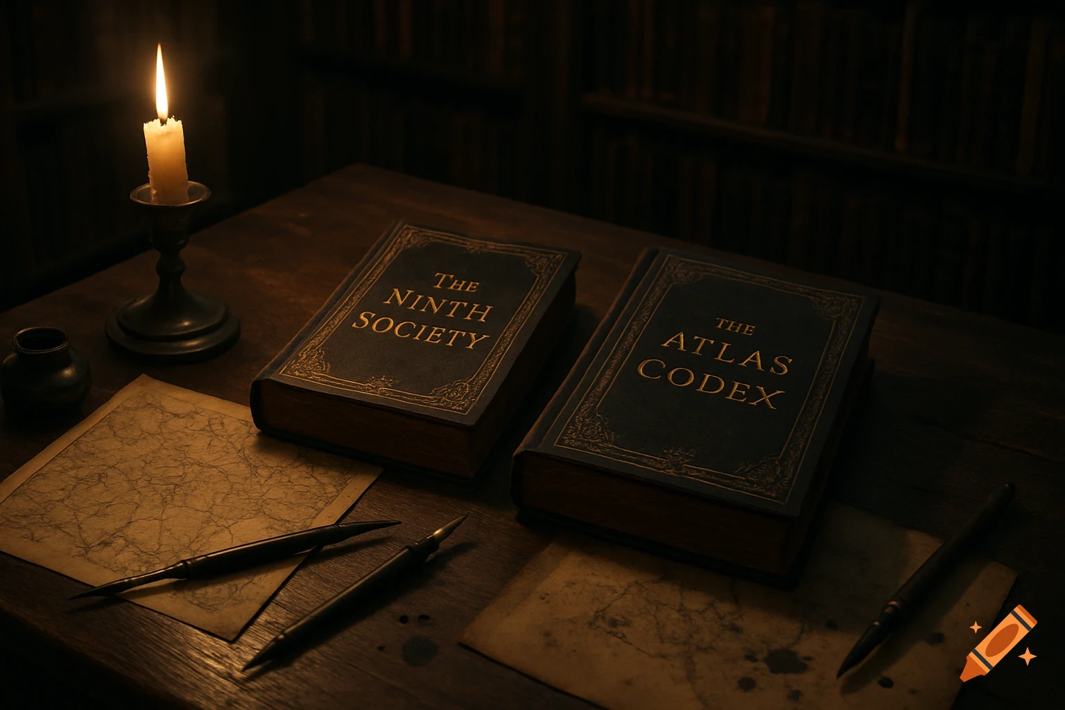 Dark academia still life of books, candle, maps, and pens on a wooden desk in a dimly lit library.