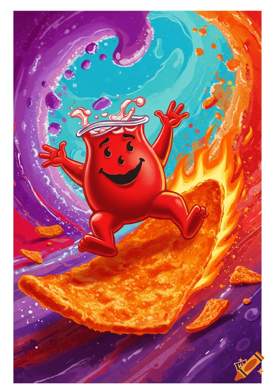 Kool-Aid Man surfs a fiery taki chip through colorful liquid splashes and flames in a vibrant cartoon style.