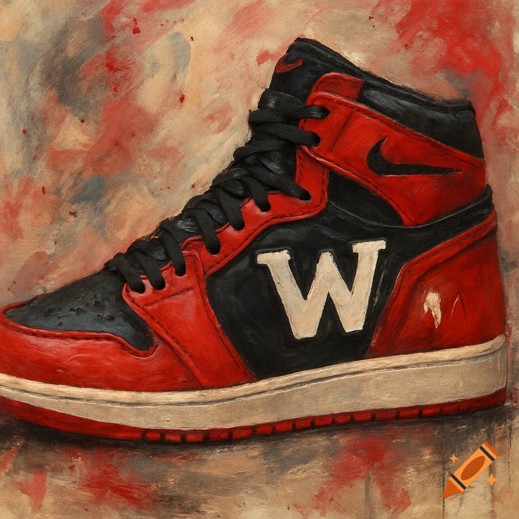 A red and black high-top sneaker with a large white W on the side, painted in a textured style.