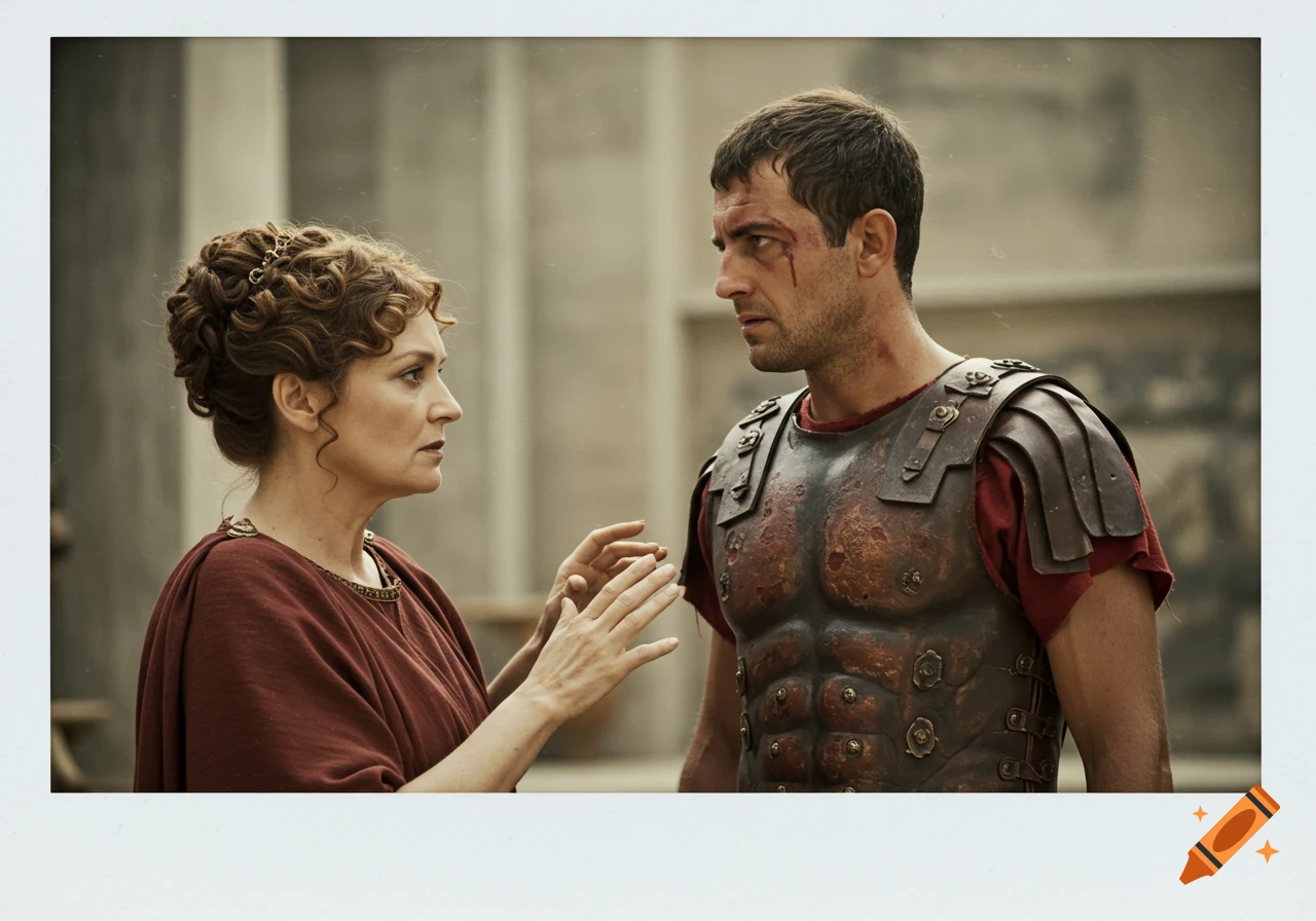 Woman in red robe talks to man in Roman armor, in a vintage Polaroid style photo.