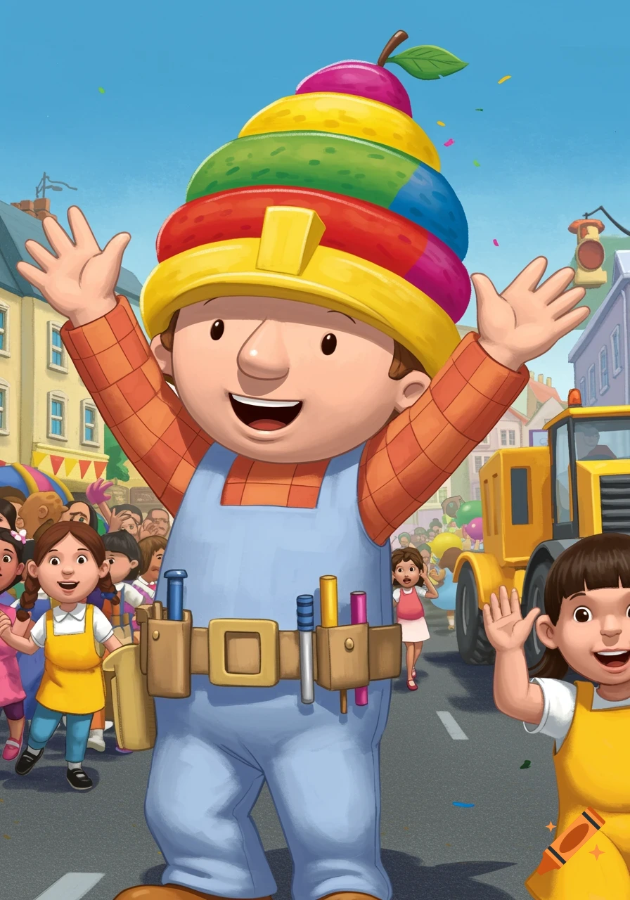 Cartoon illustration of Bob the Builder wearing a large, rainbow tutti frutti hat, waving at a parade with children and a construction vehicle.