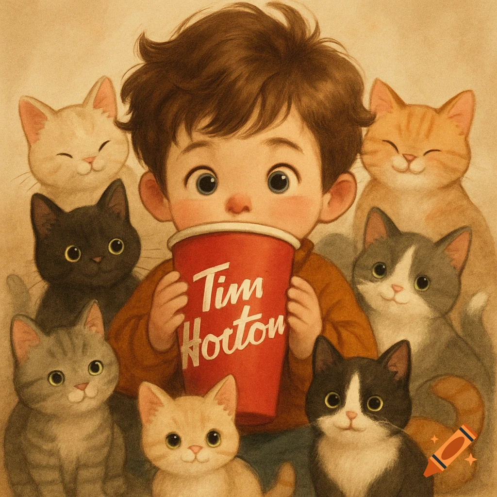 Illustration of a cute boy holding a Tim Hortons cup surrounded by many cats.