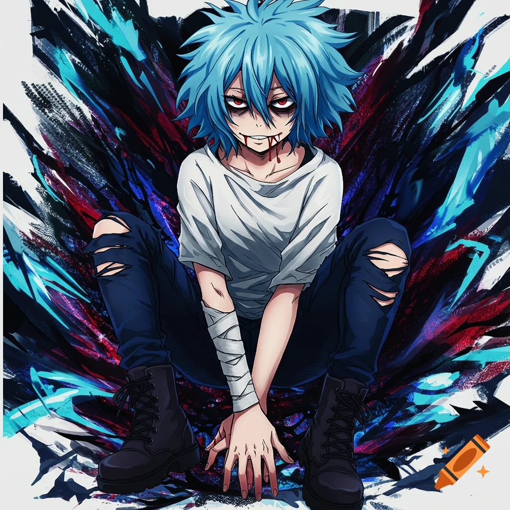 Anime character with blue hair, red eyes, blood on mouth, torn shirt, ripped jeans, and bandages crouching with abstract background.