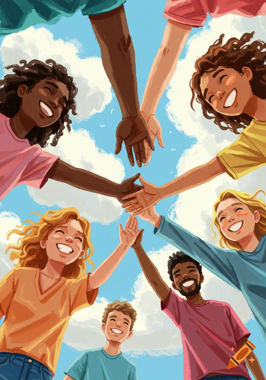 Illustration of diverse people reaching hands together against a sky background