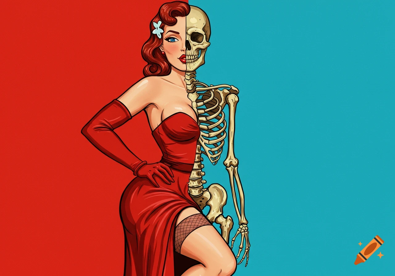 Illustration of a pin-up woman split in half, one side human and the other a skeleton, against a split red and blue background.