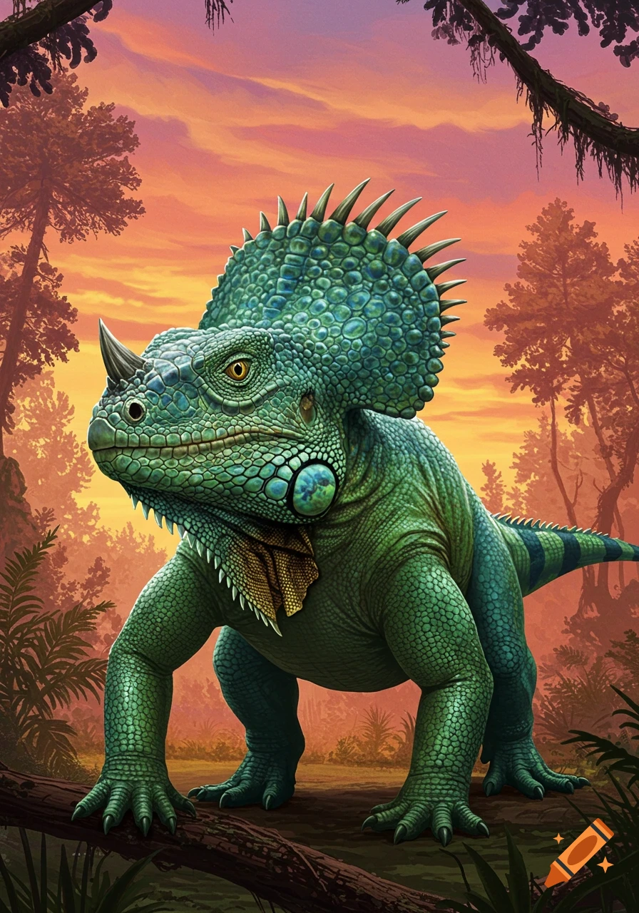 A green dinosaur with iguana features stands in a forest at sunset.