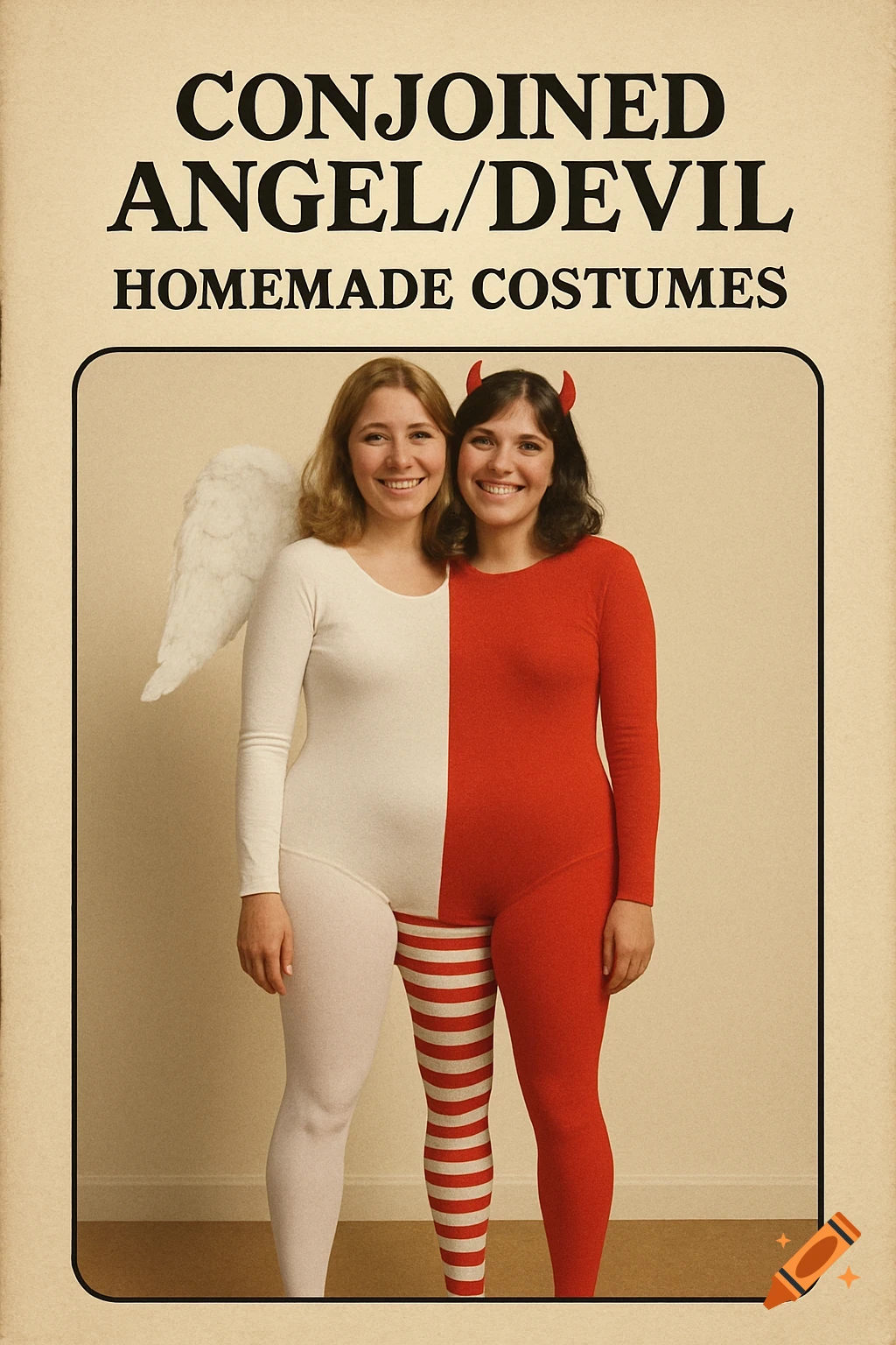 Two women in a split angel/devil homemade costume with text 'Conjoined Angel/Devil Homemade Costumes'