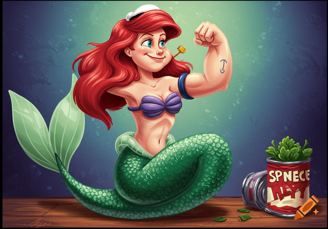 Cartoon of a muscular mermaid resembling Ariel, dressed as Popeye, flexing next to a can of spinach.