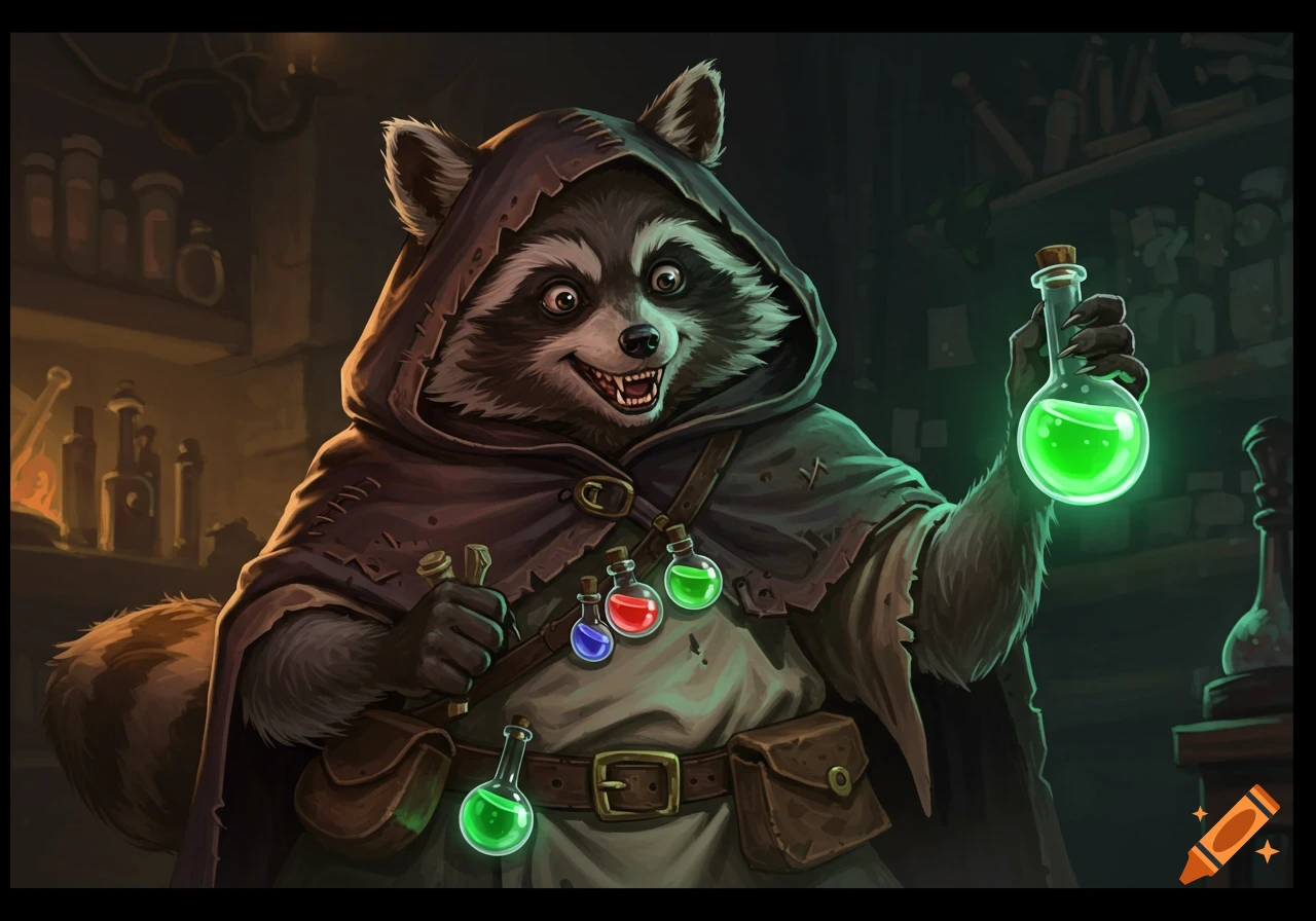 An anthropomorphic raccoon alchemist in a dark workshop holds a glowing green potion. Painterly style.