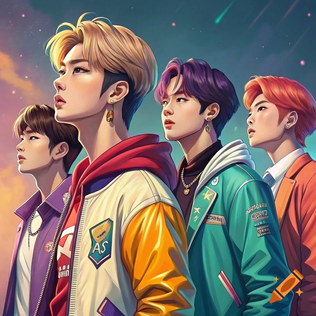 Four young men in colorful jackets look up at a starry sky in a stylized illustration.