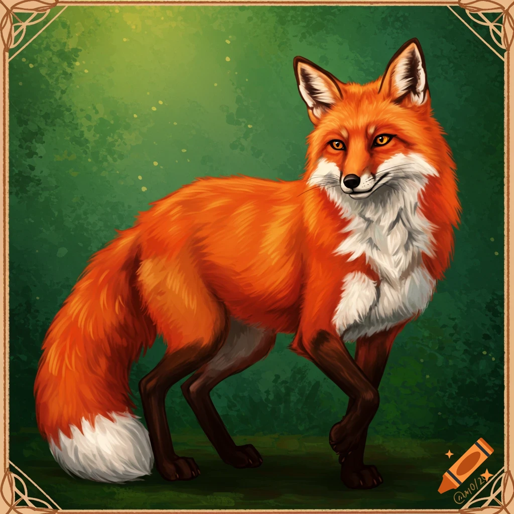Digital illustration of a red fox standing in a green forest setting with a decorative border.