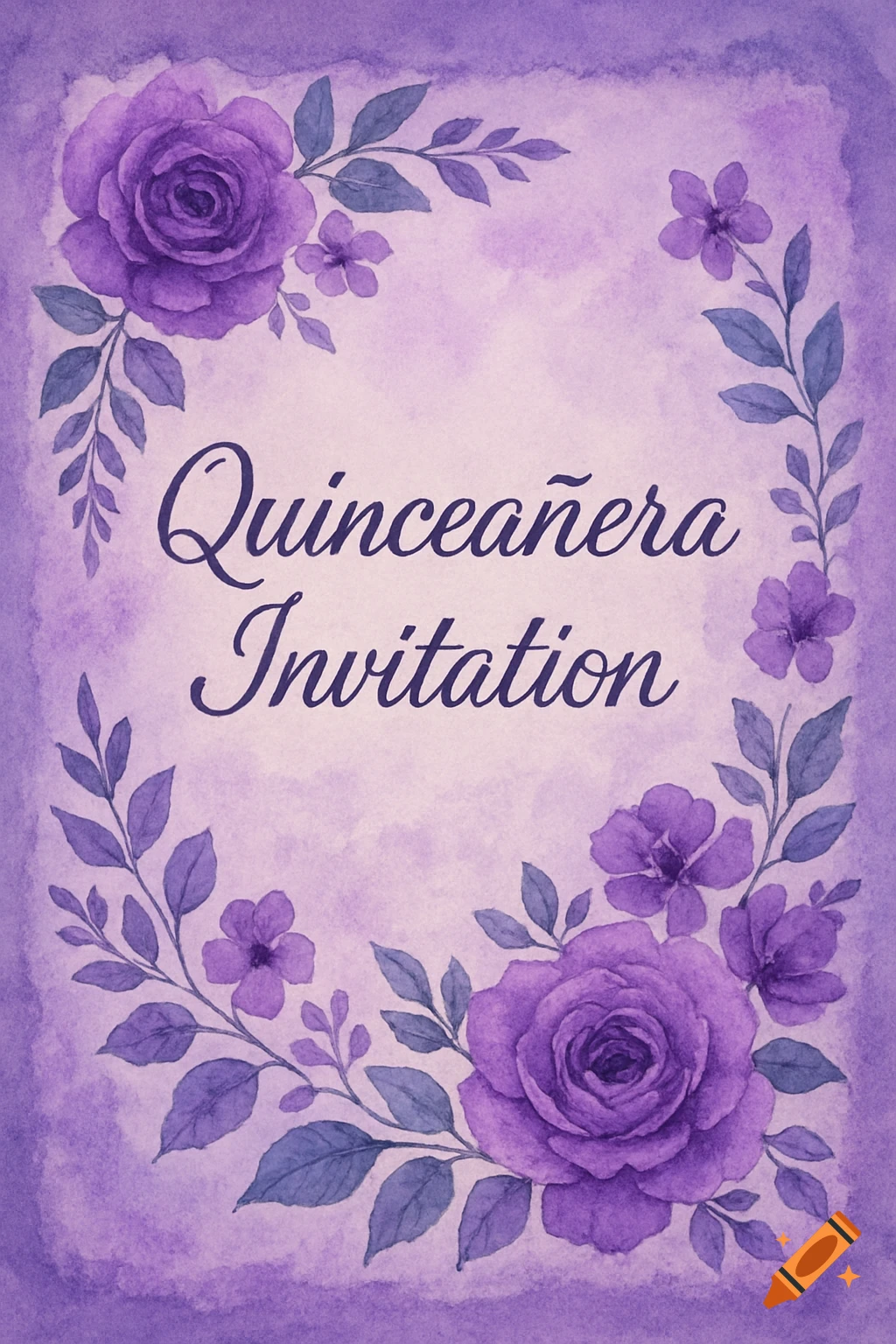 Purple watercolor Quinceañera invitation with floral border