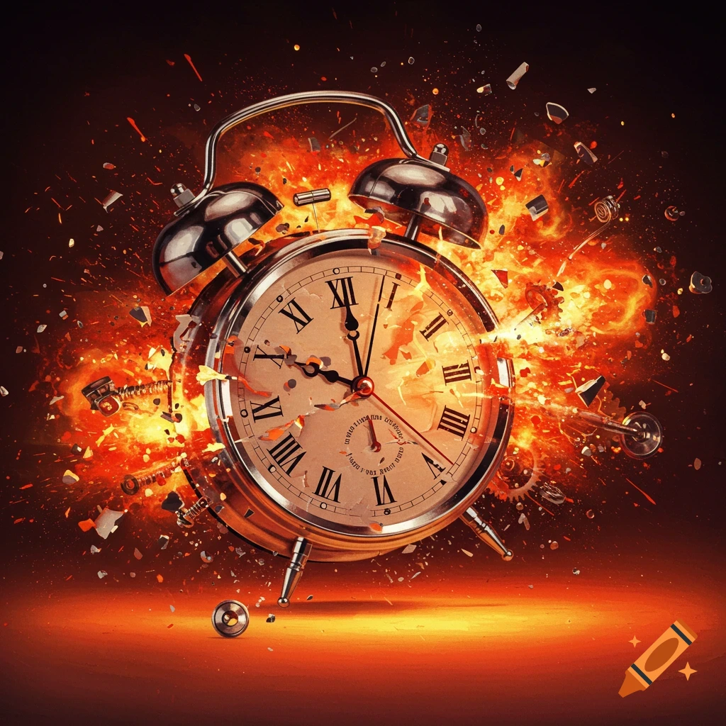 An antique alarm clock explodes in a burst of fire and debris.