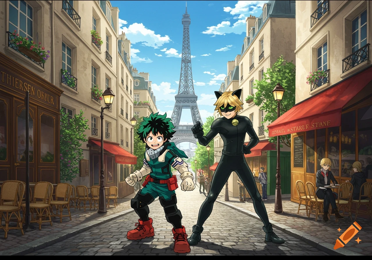 Anime characters Izuku Midoriya and Cat Noir stand on a cobblestone street in Paris with the Eiffel Tower in the background.