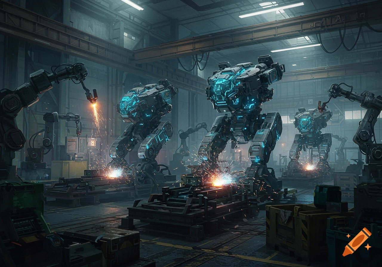 Detailed image of robots being constructed in a busy factory with sparks flying from welding.