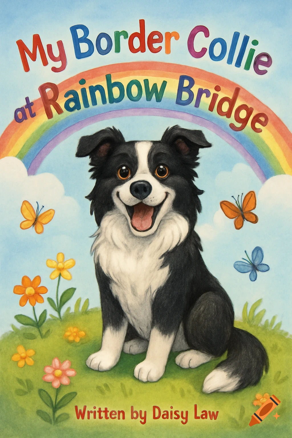 Colorful illustration of a happy Border Collie sitting under a rainbow with flowers and butterflies, styled as a children's book cover.